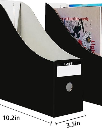 Limitliho 2 Pack Black Cardboard Magazine File Holder for Desktop, Book Bins for Classroom Library, Office or Home, Vertical Paper Boxes for Storage with Label(10.6" H x 10.2" L x 3.5" W in)