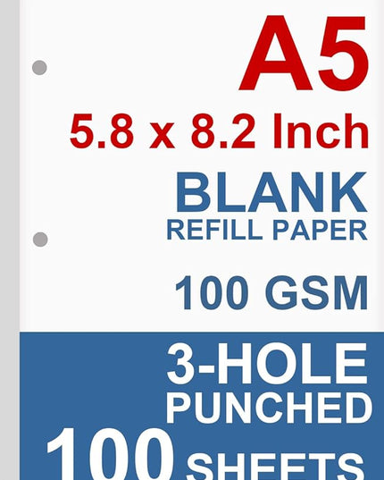 A5 Filler Paper, 3 Hole Planner Refills, Organizer, Binders, Total 100 Sheets/200 Pages, 100gsm, Blank, White Paper, 5.8 x 8.2 Inch, 3 Hole Filler Paper, Mini Binder Refills, Fit 3 Hole Binder Only