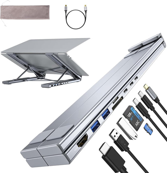 Umaniy Laptop Stand with Docking Station, 8 in 1 USB C Hub HDMI Portable Laptop Stand for Desk with USB Ports, Multiport USBC Dock Stands Foldable Adjustable Computer Riser Holder Dongle for MacBook