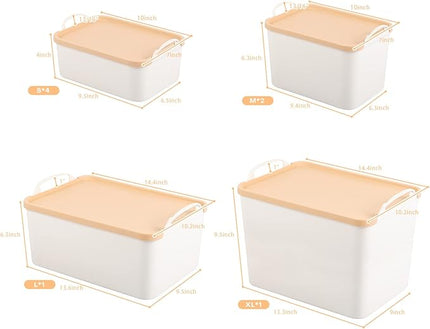 ANMINY 8PCS All-in-One Lidded Plastic Storage Bins Set White Desk Basket Box Drawer Organizer Kitchen Food Container with Handles Removable Lids Decorative Clothes Laundry Closet Cabinet Shelf Cube