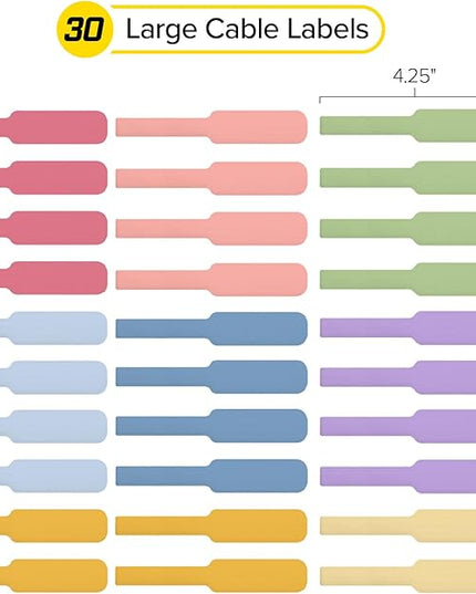 Wrap-It Storage Cable Labels - Large, Macaron (30-Pack) - Colorful Write-On Tags for Basement and Office Organizing