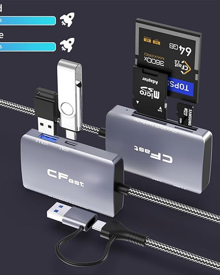 CFast Card Reader, 5 in 2 CFast 2.0 SD/TF Memory Card Reader, 5Gbps PD/USB 3.2 Gen 1 Adapter with USB C/USB A Cable Compatible with Windows/Mac/Linux/Android (5 in 2)