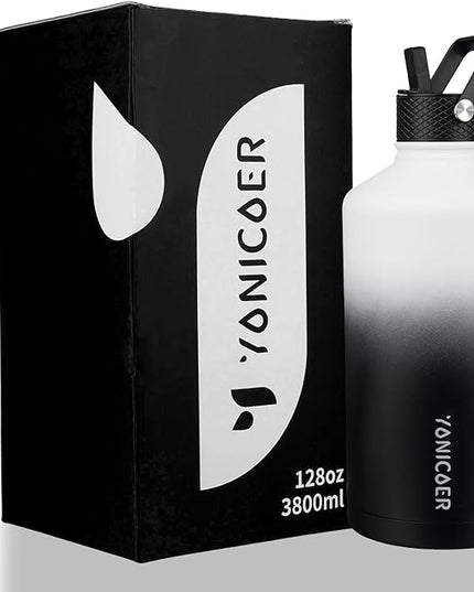 Insulated Water Bottle 128oz,Triple Wall Vacuum Stainless Steel(Dishwasher Safe),Leak Proof & Non-BPA,Flask Jug with Paracord Handle & Straw Spout Lids Sports Gradient black