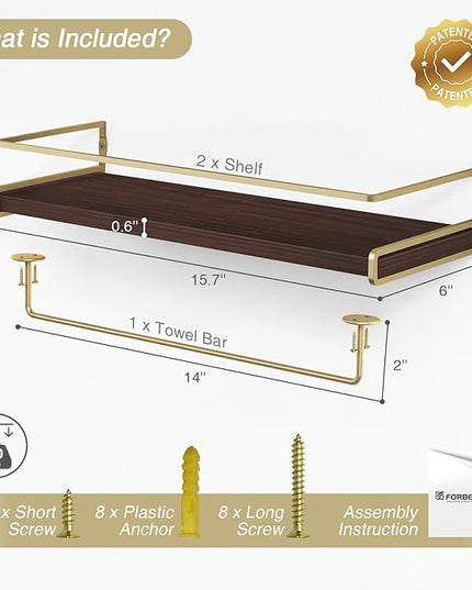 Floating Shelves Bathroom Shelves Over Toilet Set of 2, Bathroom Wall Shelves with Towel Bar, Wall Mounted Vanity Shelf for Bedroom, Kids Room, Kitchen (Brown & Gold)