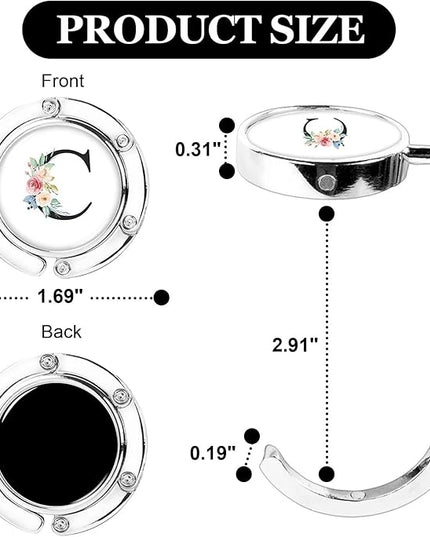 XSUIOY 3Pcs Personalized Initial Foldable Purse Hook for Table,Crushed Flower Letters Folding Purse Hanger,Purse Holder Handbag Hanger Collection Desk Table Bag Hooks Gifts for Women Bag(Black-C)