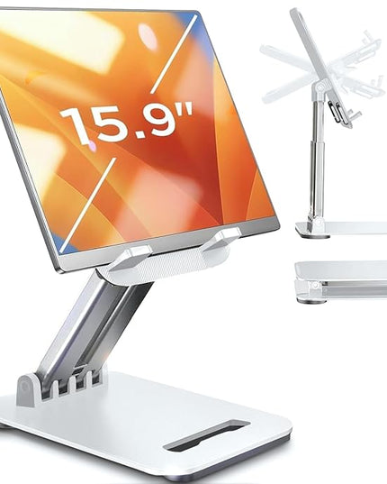 LISEN Tablet Stand for iPad Stand Holder Desk, Foldable Home Office Desk Accessories Travel for iPad Holder Dorm College Essentials Portable Monitor Stand Fits Tabs Kindle iPhone 4-15.9" White
