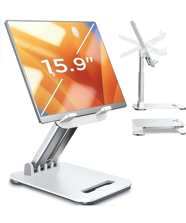 LISEN Tablet Stand for iPad Stand Holder Desk, Foldable Home Office Desk Accessories Travel for iPad Holder Dorm College Essentials Portable Monitor Stand Fits Tabs Kindle iPhone 4-15.9" White