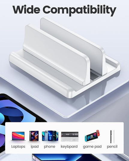 Vaydeer Vertical Laptop Stand Holder Plastic Adjustable Desktop Notebook Dock Space-Saving 3 in 1 for All MacBook Pro Air, Mac, HP, Dell, Microsoft Surface, Lenovo, up to 17.3 inches (White)