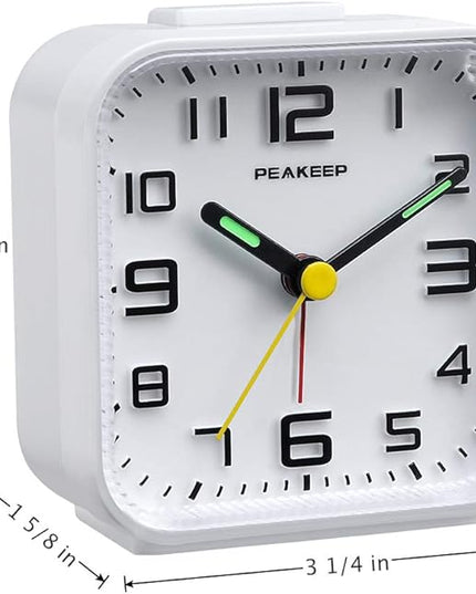 Peakeep 3D Numbers No Tick-Tock Analog Alarm Clock with Classic Beep Sound, Snooze, Manual Light and Battery Powered Small for Travel (White-3D)