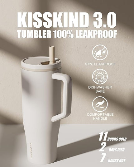 KISSKIND 40 oz Tumbler with Handle and Straw | Lumi Spin Hidden Straw 100% Leakproof Insulated Tumbler | Stainless Steel Water Bottle for Mom, Nurse, Teacher | Coffee