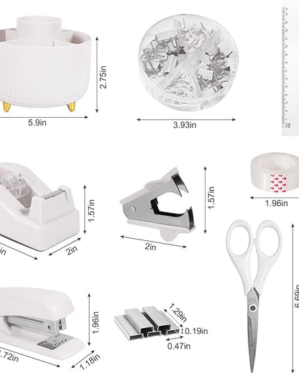 Desk Organizers and Accessories Set with 360-Degree Rotating Pen Holder, Tape Dispenser, Stapler, Staple Remover, 1000 Staples, Tape, Clips Set, Ruler, Scissor, Pen