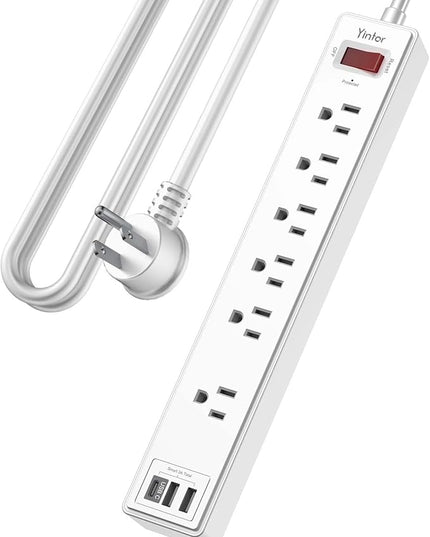 10 Ft Power Strip Surge Protector - Yintar Extension Cord with 6 AC Outlets and 3 USB Ports for Home, Office, Dorm Essentials, 1680 Joules, ETL Listed, White