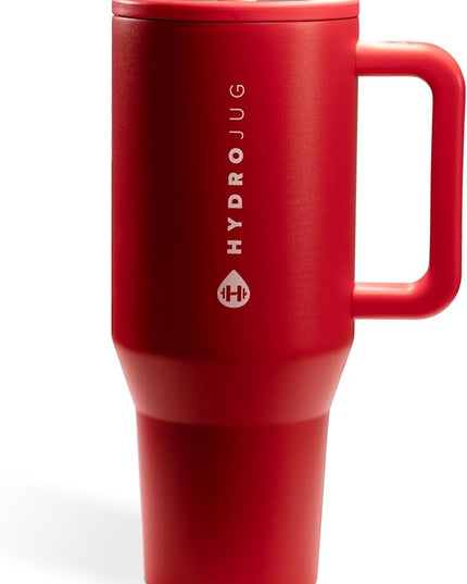 HydroJug Traveler - 32 oz Water Bottle with Handle & Flip Straw - Fits in Cup Holder, Leak Resistant Tumbler-Reusable Insulated Stainless Steel & Rubber Base - Gifts for Women & Men, Alumni Red