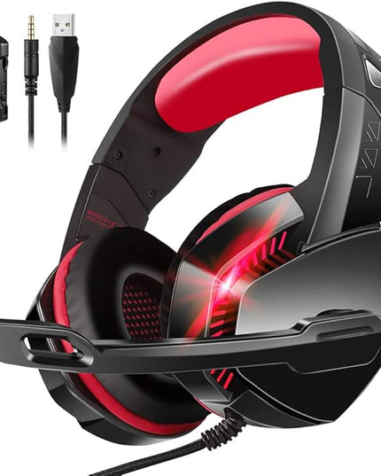 PHOINIKAS PS4 Gaming Headset with 7.1 Surround Sound, PC Headset with Noise Canceling Mic & LED Light, H3 Over Ear Headphones for Nintendo Switch, PS5, Xbox One, Laptop (Red)