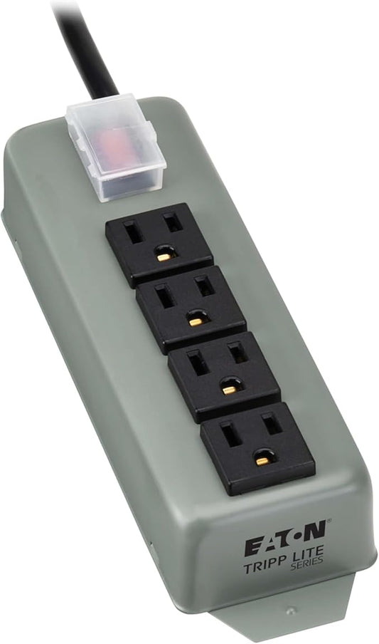 Eaton Tripp Lite series 4-Outlet Heavy Duty Power Strip, Metal, Mountable (Wall Mount & Under Desk), 6ft Extension Cord, On/Off Switch Cover, Industrial Garage Shop Work Bench Applications (UL603CB-6)
