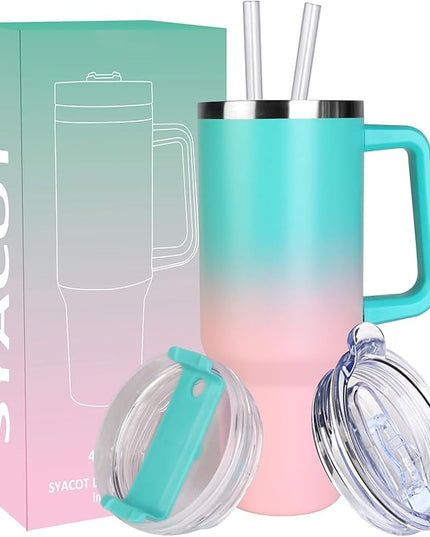 SYACOT 40 oz Tumbler with Handle and Straw Stainless Steel Insulated Tumbler Leak Proof Lid and Straw Lid Reusable Travel Mug Coffee Mug Cup Dishwasher Safe Keep Drinks Cold and Hot (Bubble Gum)