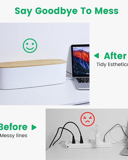 Large Cable Management Box - Cord Organize Box with Bamboo lid for Safe Home & Office, Cord Hider for Power Strip Under Desk, Cover TV Wires, Child & Pet Proof Cord Box, White