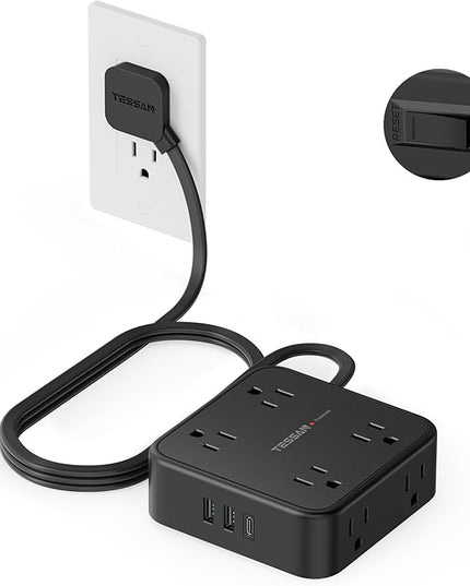 TESSAN Surge Protector Power Strip Black, 5 Ft Flat Plug Extension Cord with 3 USB (1 USB C) 8 Outlets, 900J Surge Protection, 3 Sided Outlet Extender with Power Switch for Office, Dorm Room