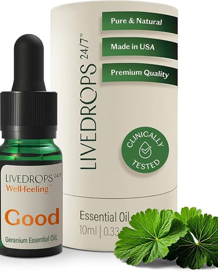 LIVEDROPS 24/7 Good Geranium Essential Oil, Natural Vegan Aromatherapy for Diffuser or Diluted Skin Use, Rosy Floral Scent, Origin Egypt, Made in USA, Clinically Tested, 10ml