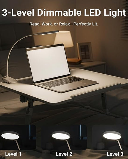 iXTRA Laptop Lap Desk with Cooling Fan - Adjustable Bed Desk with Light, Bed Table with Cup Holder&Phone Holder - Storage Drawer Desk - Folding Bed Desk,White,70x45cm
