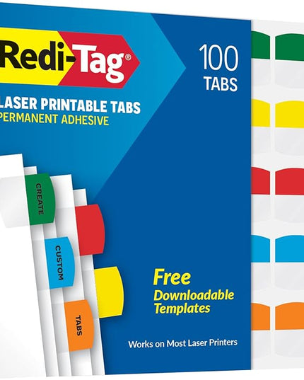 Redi-Tag Laser Printable Tabs, Permanent Index Tabs, Customizable Adhesive Labels, Assorted Primary Colors, 1.125" x 1.25", 100 Per Pack (1006555)