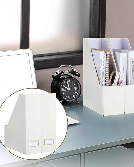 Gueevin Set of 6 Magazine File Holder Stylish Sturdy Cardboard File Boxes Desk Magazine Organizer Rack with Gold Label Holder to Organize Your Desk or Shelves for Home Classroom Office Library(Beige)