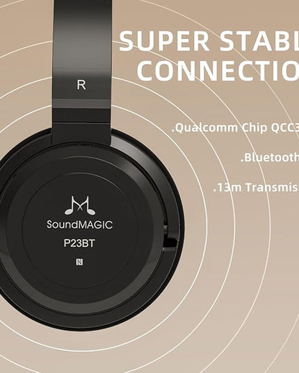 SoundMAGIC P23BT Portable On Ear Bluetooth Headphones CVC Noise Canceling Microphone HiFi Sound Stable Wireless Signal Connection Long Playtime with Detachable Cable for Game Black