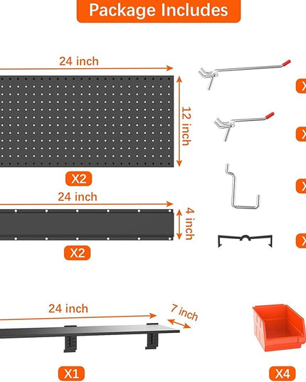 TORACK Garage Metal Pegboard with Accessories, Tools Organizer Peg Board with Pegboard Hooks, Wall Mounted Bins, Tool Storage Pegboards for Wall(Black)