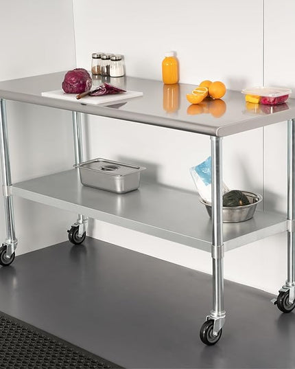 HARDURA Stainless Steel Table with Wheels 30 x 36 Inches Casters NSF Heavy Duty Commercial Prep Table with Undershelf and Galvanized Legs for Food Prep