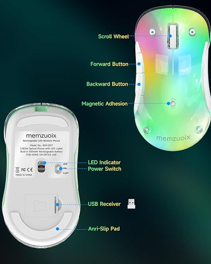 memzuoix 2.4G LED Wireless Mouse, Rechargeable Ergonomic Mouse with Detachable Cover, 1400 DPI Portable Optical Computer Mouse with USB Receiver for Laptop, PC, Desktop and MacBook, 5 Buttons-Green