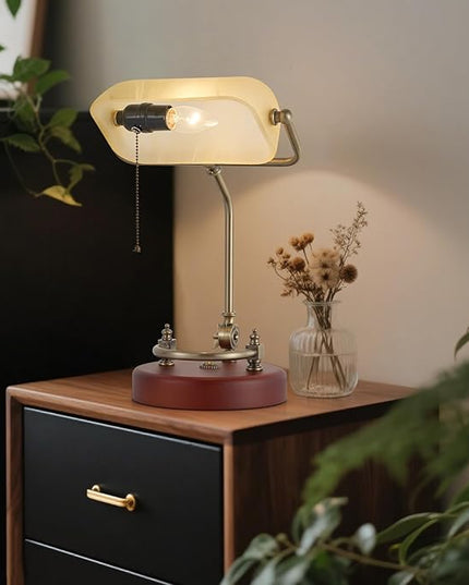 Bankers Lamp, Traditional White Desk Lamp with Solid Birch Wood Base, White Glass Antique Library Lamp with Pull Chain Switch, Plug in Vintage Bankers Desk Lamp for Office, Study Room 【E26 Socket】