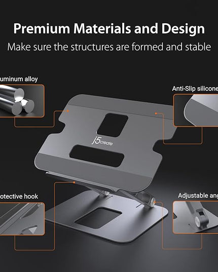 j5create Multi-Angle Aluminum Laptop Stand, Ergonomic Notebook Riser, Suitable for MacBook, Dell, HP, Lenovo, Fits Most laptops up to 16" (JTS127)