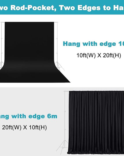 10X20ft Black Photo Backdrops for Photography, LCUIRC Two Rod Pocket Backdrops Curtain for Parties, Polyester Fabric Background with 4 Clamps for Product Protrait Photoshoot or Parties Decoration