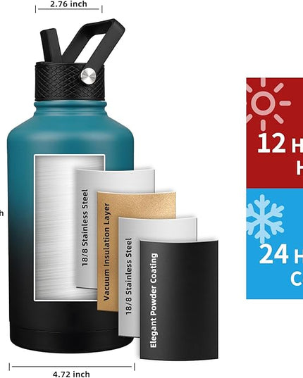 Insulated Water Bottle 64oz,Triple Wall Vacuum Stainless Steel(Dishwasher Safe),Leak Proof & Non-BPA,Flask Jug with Paracord Handle & Straw Spout Lids Sports Gradient indigo blue/black