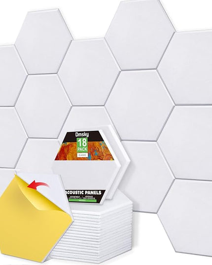 18 Pack Self-Adhesive Acoustic Panels Soundproof Wall Panels 12"X10"X 0.4" Sound Absorbing Panel for Decoration Sound Deadening Panels Acoustic Treatment Panel for Home Office（White Hexagonal Design）
