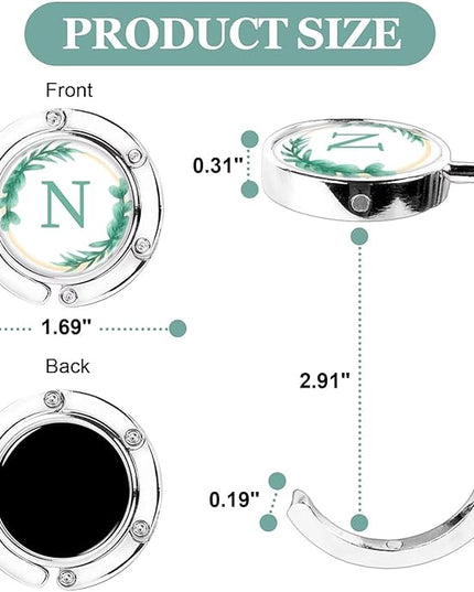 XSUIOY 3Pcs Personalized Initial Foldable Purse Hook for Table,Crushed Flower Letters Folding Purse Hanger,Purse Holder Handbag Hanger Collection Desk Table Bag Hooks Gifts for Women Bag(Green-N)