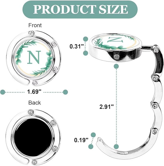 XSUIOY 3Pcs Personalized Initial Foldable Purse Hook for Table,Crushed Flower Letters Folding Purse Hanger,Purse Holder Handbag Hanger Collection Desk Table Bag Hooks Gifts for Women Bag(Green-N)