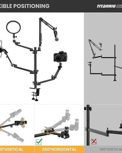 TARION Overhead Camera Desk Mount: 4-in-1 Heavy Duty Mount Set with 1 Mic Boom Stand + 3 Articulating Arms for DSLR Cameras Ring Light Monitor Laptop - Live Stream Stand TitanRig Desk