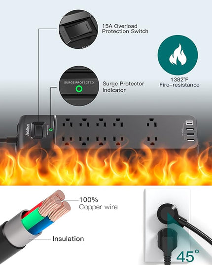 Power Strip - Addtam Surge Protector with 10 Outlets and 4 USB Ports, 6 Feet Extension Cord with Flat Plug, 2700 Joules, ETL Listed, Black