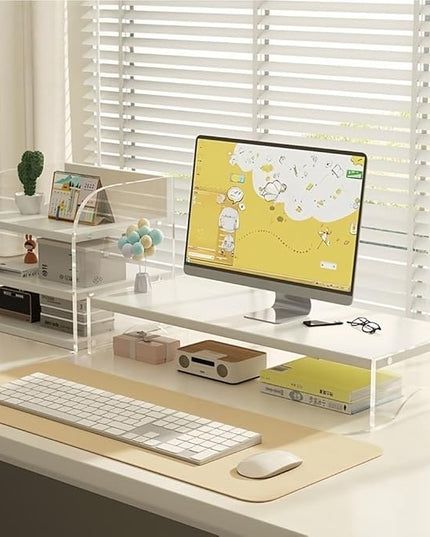 Desktop Monitor Riser Stand with Storage, Acrylic Floating Computer Stand, Multi-Level Desk Shelf Organizer for Home Office Workspace(White,1-tier)