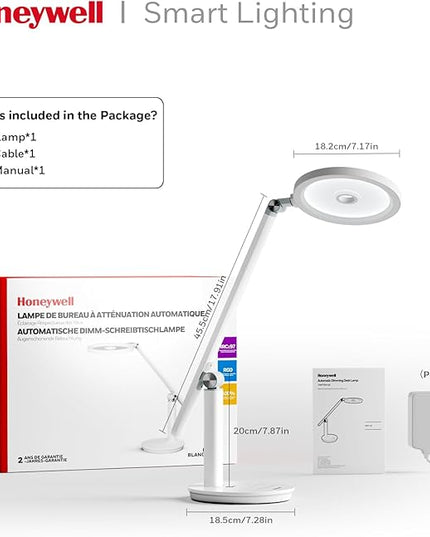 Honeywell Desk Lamp for Home Office, H6 Sunturalux™ Eye-Caring Led Desk Light, 800LM Dimmable Desk Lamp with Timer, Touch Control Tall Desk Reading Light, Table Lamp for Circle Webcam, Study, Bedroom
