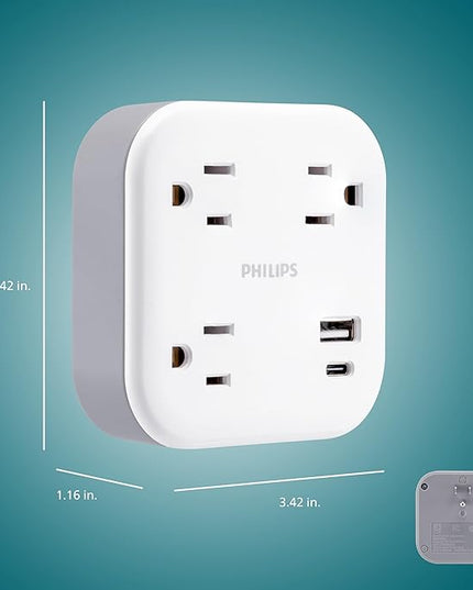 Philips EZFit 3-Outlet Surge Outlet Extender with USB, 1 USB-A, 1 Type-C, Adapter Spaced, Charging Station, 12W, 980 Joules, 2 Pack, White - SPP3605W/37