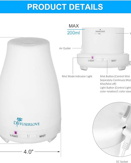 Diffuserlove Essential Oil Diffusers 200ML Remote Control Ultrasonic Mist Humidifiers BPA-Free Aromatherapy Diffuser with 7 Color Lights, Auto Shut-Off for Bedroom Office Kitchen