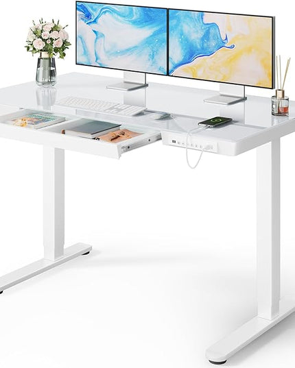 Marsail Glass Standing Desk with Drawer, 48 x 24 inch Electric Standing Desk, Height Adjustable Desk with One-Piece Tabletop & USB Charging Ports, Sit Stand Desk with Storage for Home & Office White