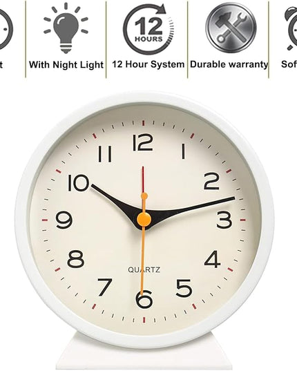 SHISEDECO 4.5" Battery Operated Antique Retro Analog Alarm Clock, Small Silent Bedside Deskclock with Light Function, Non-Ticking Tableclock Decor for Living Room, Bedroom, Bedside, Shelf (White)