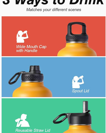 Half Gallon Water Bottle Insulated with Straw & 3 Lids, Coolflask 64 oz Water Jug Large Metal Stainless Steel Wide Mouth for Sports, Gym or Office, Non-BPA Keep Cold 48H Hot 24H, Ombre Yellow/Orange