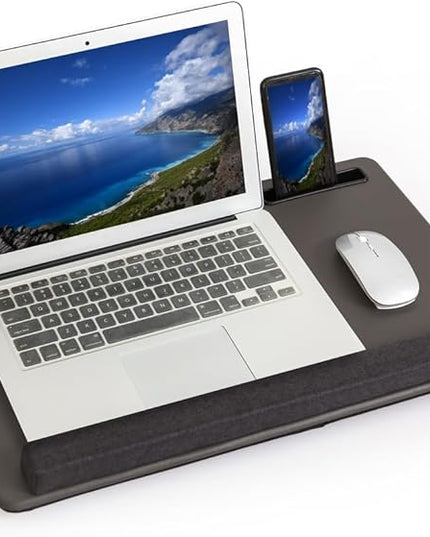 HLead Lap Desk Home Office Lap Desk Portable Laptop Desk for Left Right - Handers with Whole Mouse Pad Wrist Pad Dual Cushion Phone Tablet Slots Fits Up to 17 Inch Laptops