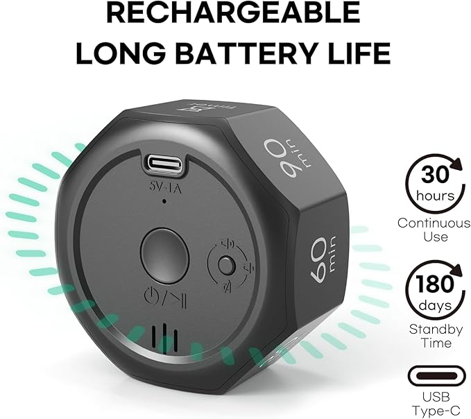 Pomodoro Timer, Flip Cube with 7 presets Countdown, Count up, Rechargeable Small Portable Visual Focus Stopwatch for ADHD, Kids, Classroom, Kitchen, Work, Study, Productivity (Space Grey)