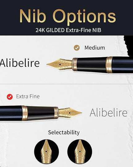 HDDNB Blue Luxury Fountain Pen Set for Men and Women with Gift Box, 24K Gold Finish and Gilded Nib(Extra Fine) with 5 Black Ink Cartridges and Converter