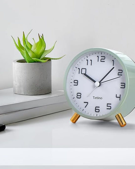 Tetino Analog Alarm Clocks,Retro Metal Desk Silent Non Ticking Small Clock with Night Light,Battery Operated,Simple Design,for Bedrooms, Bedside,Office,Home Décor (Green)